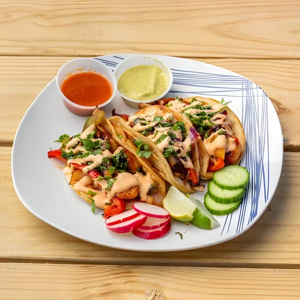 Three Aztk Mexican tacos with sauce, cilantro, radishes, cucumbers, and lime on a white plate.